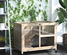 Wooden Rabbit Hutch Guinea Pigs House Bunny Small Animal Cage w/ Pull-out Tray Openable Roof Wheels, Natural