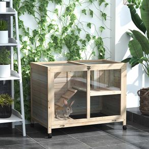 Wooden Rabbit Hutch Guinea Pigs House Bunny Small Animal Cage w/ Pull-out Tray Openable Roof Wheels, Natural