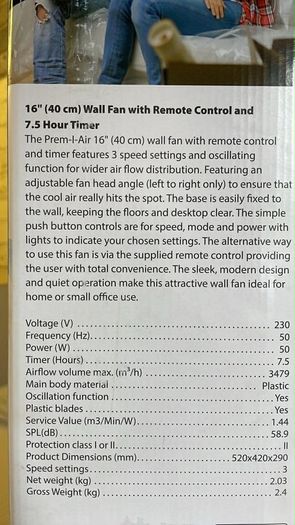 16" Wall Mount Fan with Remote Control