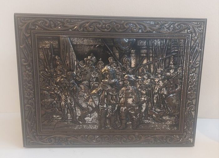 Fabulous Rembrandt's The Night Watch Vintage Hinged Biscuit Tin with a Raised Relief Reproduction of the Famous Painting, Attributed to the Victoria Biscuit Company of Holland