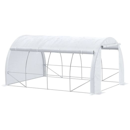4 x 3 x 2 m Polytunnel Greenhouse w/ Roll-up Side Walls, Steel Frame Walk-in Grow House Tent w/ Zippered Door and 8 Windows and Reinforced Cover for Garden and Backyard, White