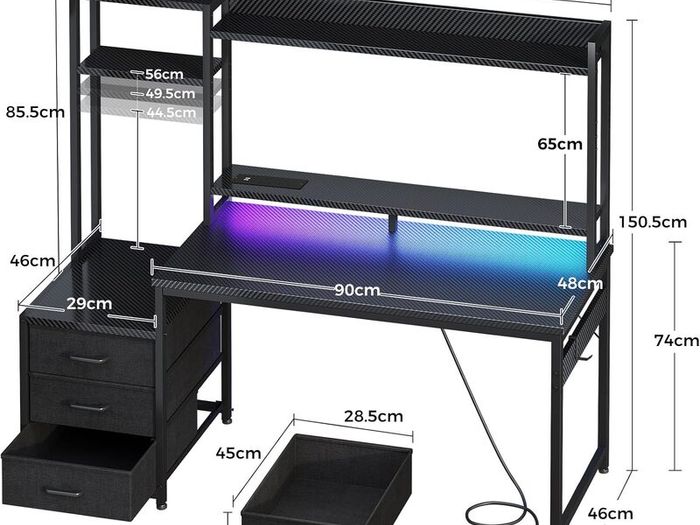 Gaming Desk with Drawers Display Shelves 120x48 cm Computer LED Lights Sockets Reversible PC Table Monitor Stand Carbon Fiber Black