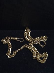 Vintage Gold Plated Albert Pocket Watch Chain T Bar & Dog Clip 36cm