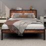 Double Bed Frame with Wooden Storage Shelf Headboard, Metal Platform Image 9