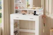 Dressing Table with LED Mirror, Vanity Desk with 3 Lighting Colours Mirror and Power Strip, Makeup Table Storage Set for Bedroom with 2 Drawers, 9 Open Shelves and Hair Dryer Holder, White