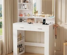 Dressing Table with LED Mirror, Vanity Desk with 3 Lighting Colours Mirror and Power Strip, Makeup Table Storage Set for Bedroom with 2 Drawers, 9 Open Shelves and Hair Dryer Holder, White
