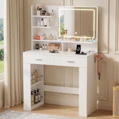 Dressing Table with LED Mirror, Vanity Desk with 3 Lighting Colours Mirror and Power Strip, Makeup Table Storage Set for Bedroom with 2 Drawers, 9 Open Shelves and Hair Dryer Holder, White