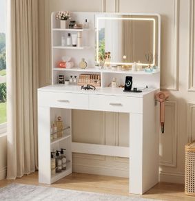 Dressing Table with LED Mirror, Vanity Desk with 3 Lighting Colours Mirror and Power Strip, Makeup Table Storage Set for Bedroom with 2 Drawers, 9 Open Shelves and Hair Dryer Holder, White