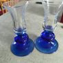 Vintage set of 2 Duiske Irish Handcut Glass Cobalt Blue/Clear Etched Vine Candle Holder Image 7