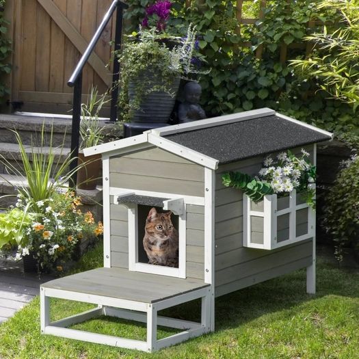 Deluxe Outdoor Cat House Wood Shelter Condo All Weather w/ Porch