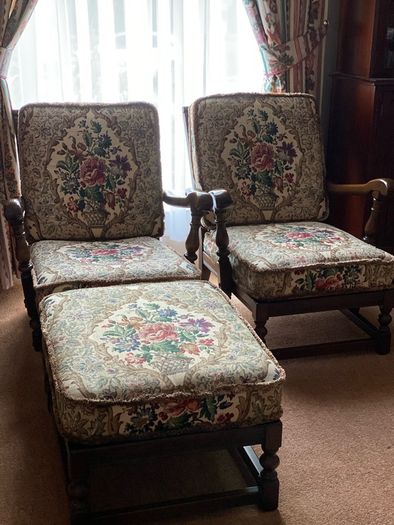 Ercol Victorian Tapestry Revival Old Colonial Yorshire Tall back Armchairs Set