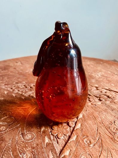 Large Vintage Amber Art Glass Pear Paperweight Hand Blown Bubble Glass Autumn Decor