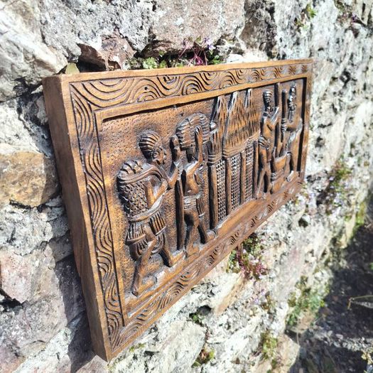 Vintage African Hand-Carved Wood Wall Relief Panel (29x64 cm