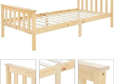 Wooden slatted  Bed  Pine Wood, Solid Wood Bed Frame with Slatted Frame and Feet, Single Bed with Headboard and Footboard, Bed for Children and Adults Solid Wood Bed Children's Bed
