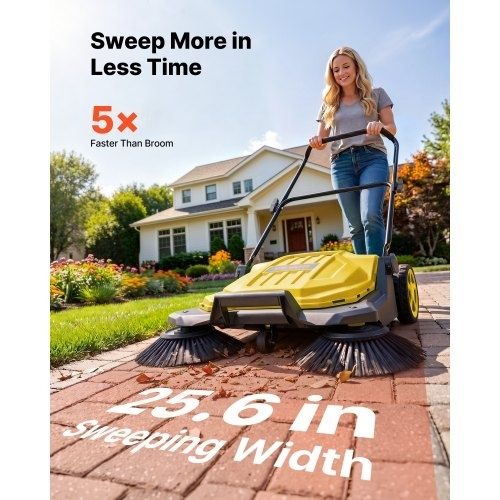 Walk-Behind Hand Push Floor Sweeper, Manual Floor Sweeper Non-Electric with 650mm Sweeping Width, 18.9L Waste Container & Adjustable Folding Handle for Yards Walkways Patios Garages - Yellow