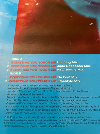 Moby - Everytime You Touch Me - 12" Vinyl Single - 1995 Mute Records
