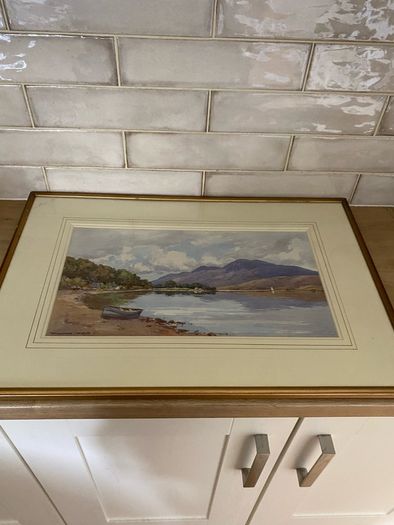 Vintage watercolour Painting Lake & Mountain Scene