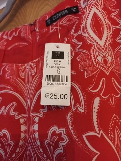 Dunnes Stores Coral Tulip Cuff Tunic Dress.. S.18.   B.N.W.T.
