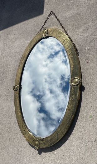 Vintage copper arts and crafts style framed mirror with original chain