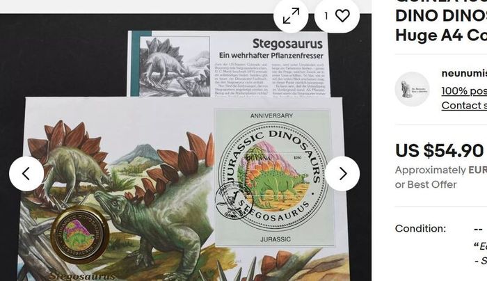 Rare Stegosaurus Dinosaur coin in vintage stamp cover