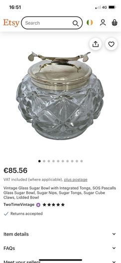 vintage glass sugar bowl with integrated thongs