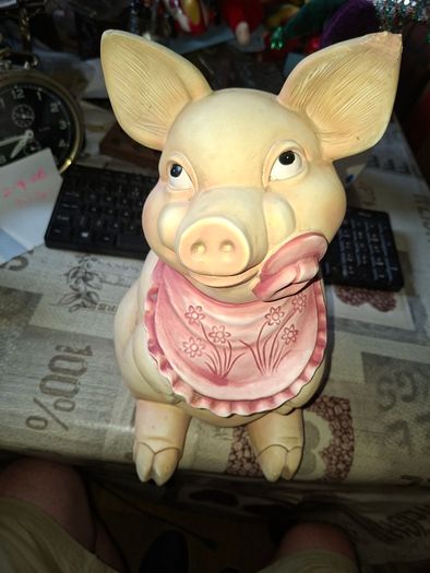 Large Vintage Hand Painted Ceramic Piggy bank Whimsical Baby Pig Pink Bib and Sucking on a Pacifier