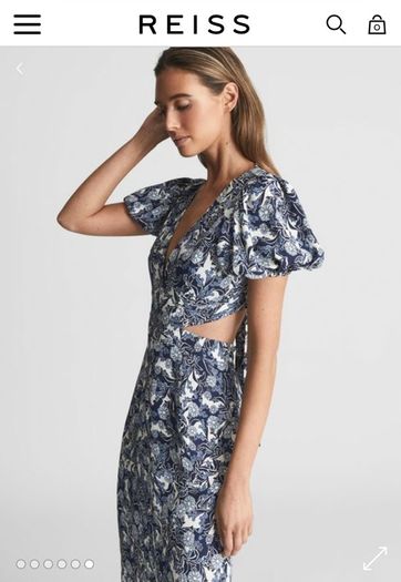 MIDI dress Puff sleeve blue flowerpeint Reiss size 14 Brand New