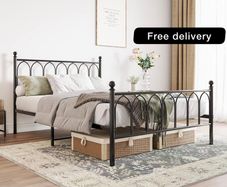Double Metal Bed Frame 135 x 190 cm with Headboard and Footboard Heavy Duty Foundation,Metal Slat Support, Black