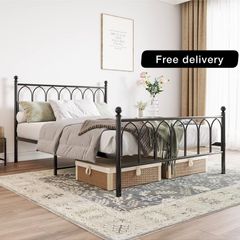 Double Metal Bed Frame 135 x 190 cm with Headboard and Footboard Heavy Duty Foundation,Metal Slat Support, Black