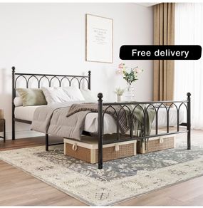 Double Metal Bed Frame 135 x 190 cm with Headboard and Footboard Heavy Duty Foundation,Metal Slat Support, Black