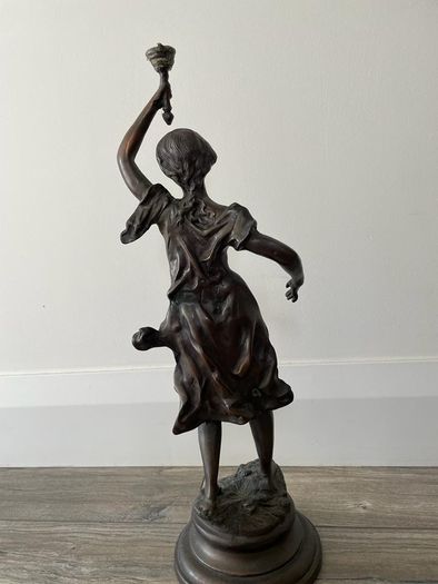 Bronze statue - Lady holding torch - by 'Rousseau