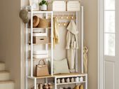 Coat rack with shoe bench golden oak-cloud-white