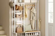 Coat rack with shoe bench golden oak-cloud-white