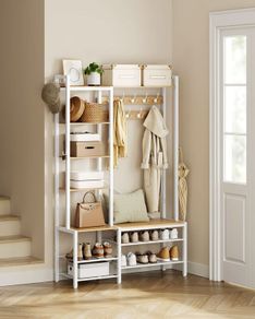 Coat rack with shoe bench golden oak-cloud-white