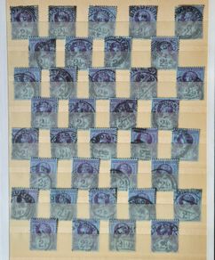 Great Britain Queen Victoria 1887. Jubilee Issue Bulk Study Lot. 72 Used Stamps on Stock Pages, 1/2d Vermilion and 2 1/2d Purple, Blue.