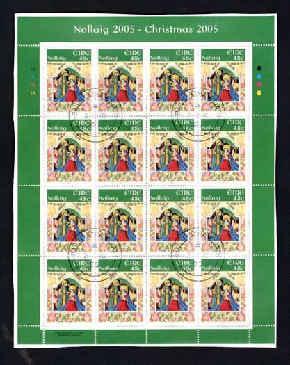 2005 Ireland Christmas Commemorative Stamp Sheetlet Plate 1A1A1A1A Fine CDS Used with Dublin cancel of 21st November 2005 (Frist day of issued) on envelope extract.