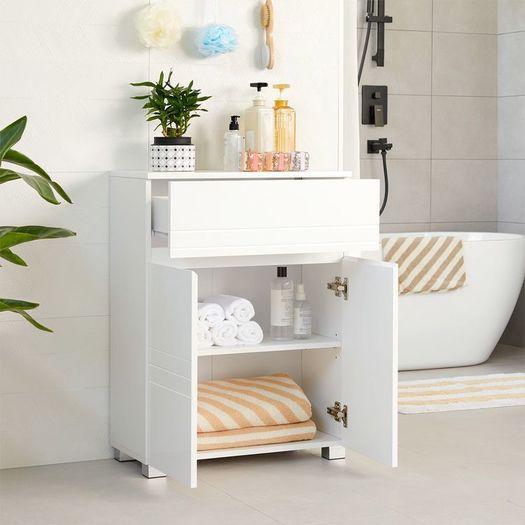 Bathroom cabinet white  bathroom cabinet, sideboard with drawer, bathroom cabinet with double door, adjustable shelf level, with feet, for bathroom, hallway, entrance area, 60 x 30 x 80 cm, white