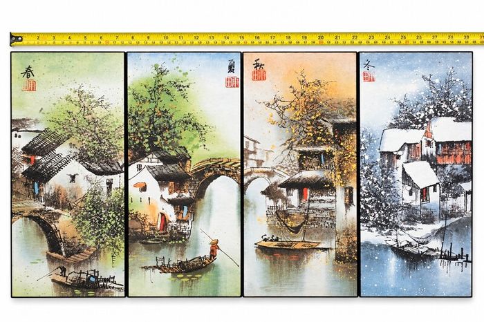 Four vintage Chinese decorative prints mounted on wooden panels