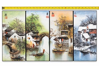 Four vintage Chinese decorative prints mounted on wooden panels