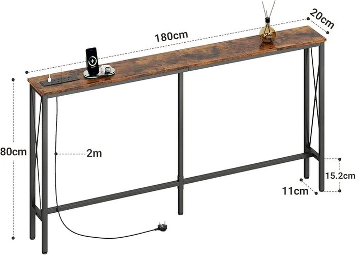 Narrow Console Sofa Table with Power Outlets, Total 180cm Long Behind Couch Table with Charge Station, 20cm D x 180cm W x 78cm H, Rustic Brown