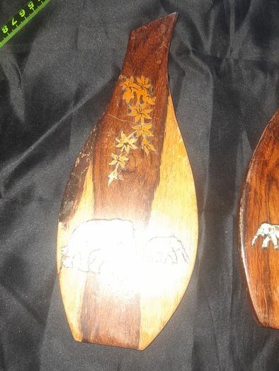 A Pair of Old Indian Rosewood Wall Hanging Plaques with Elephant and Floral Inlay