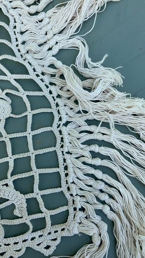 Vintage French Crochet Table Runner with fringe each end
