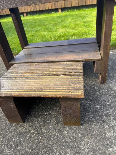 Hand made solid timber mud kitchen with stool with accessories