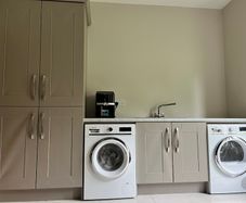 Back kitchen/utility presses and worktop (incl. sink/tap)