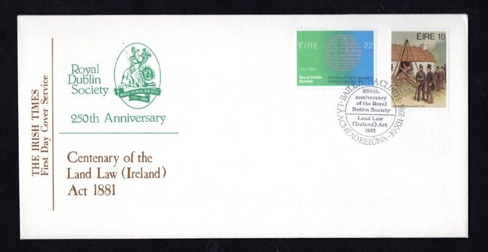 1981 Ireland Anniversaries: Land Law (Ireland) Act 1881. Royal Dublin Society 1731-1981 Commemorative Stamps Commemorative Stamp Illustrated The Irish Times First Day Cover (FDC)