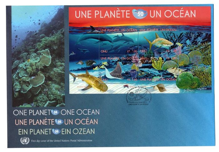 2010 United Nations One Planet One Ocean Commemorative Stamps Miniature Sheet Jumbo First Day Cover (FDC) Geneva Office Cancel