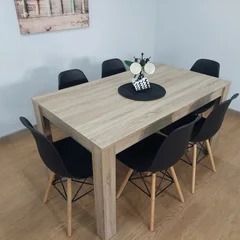 6 Seater Wooden Dining Table Set, Nordic Style Oak