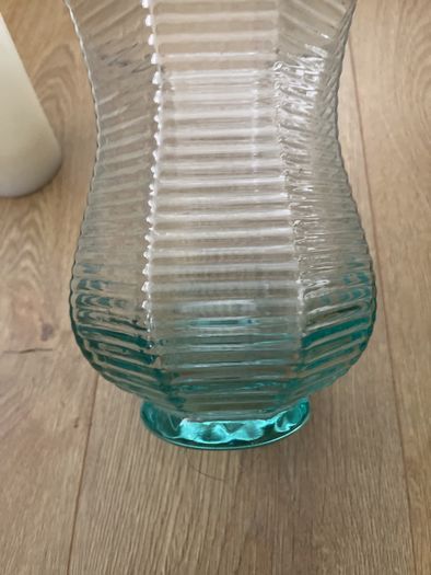 Large 8.5" tall flarred scalloped Aqua Glass Candle Holder or Vase with LED Candle