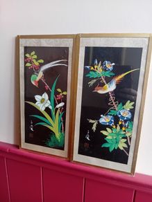 A Pair of mid century painted silk panels