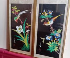 A Pair of mid century painted silk panels